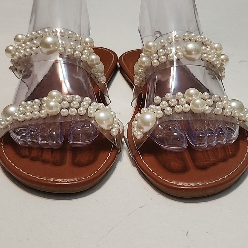 Pearl Embellished Clear Sandals, Size 43/11.5 - Picture 5 of 10